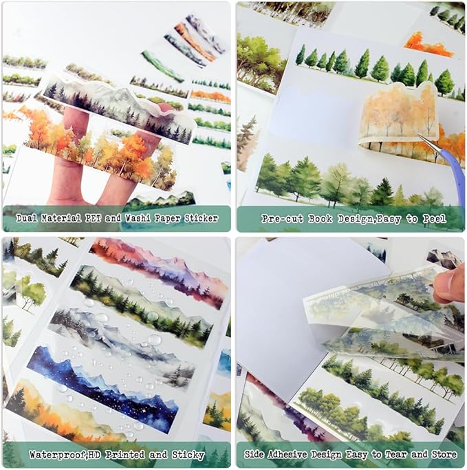 20 Sheets Nature Landscape Pre-Cut Journaling Stickers Book for Junk Journaling, Scrapbooking, Collage, Planner, Album, Transparent PET and Washi Stickers for Adults