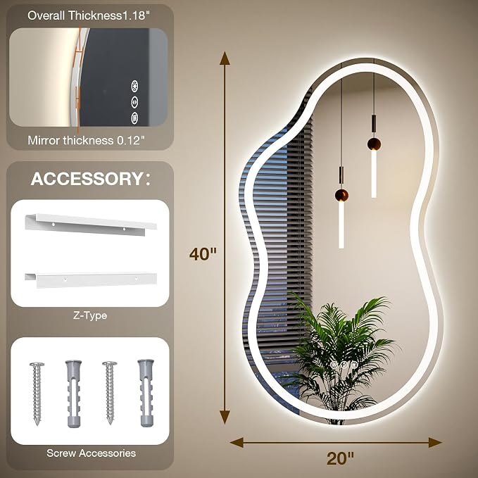 Cloud Shape Asymmetrical LED Vanity Mirror with Lights, 32"x20" Fogless Lighted Bathroom Mirror, 4mm Tempered Glass, Dimmable 3-Color & Memory Function, Wall Mounted (Horizontal/Vertical)