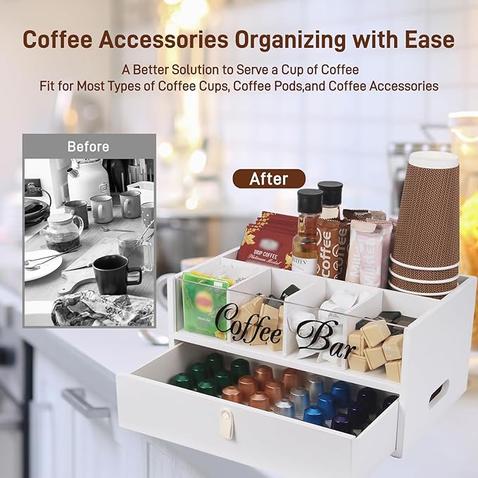 Intarsio 2-Tier Coffee Bar Organizer with Clear Acrylic Top, Built-in Drawer and Leather Handle Pull for Countertop, Stylish Coffee Station Storage Box for Accessories, Pods, Great Gifts for Home
