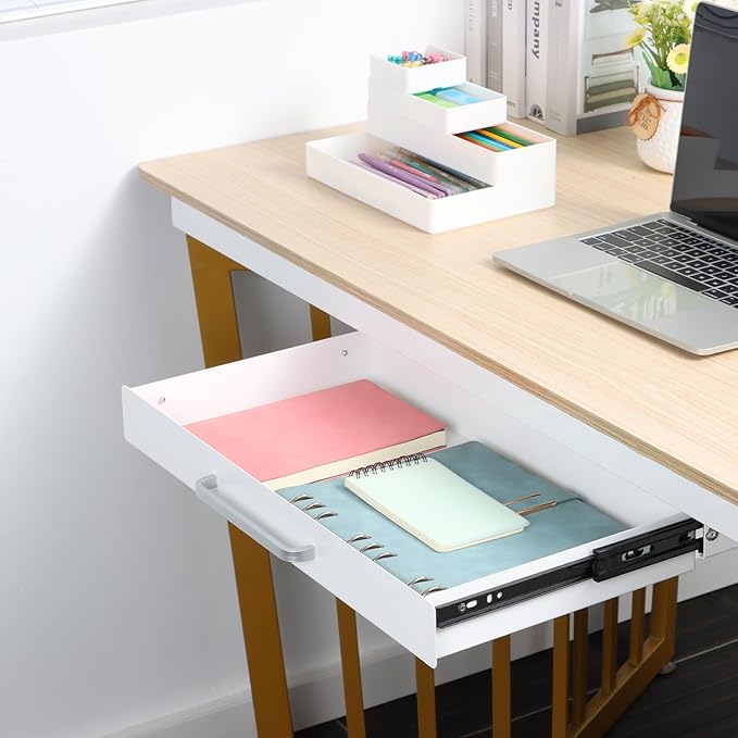 OSteed Under Desk Drawer White 21" with 4 Divider Trays, Under Shelf Pencil Drawer Pull-out, Standing Desk Metal Storage Attachment Slide Out for Workbench