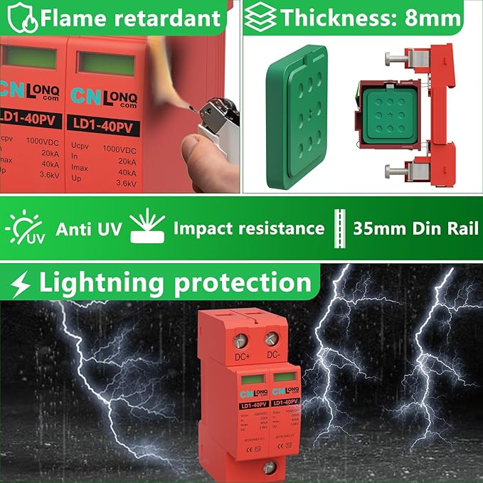 2P 40KA Voltage Surge Protector DC 1000V Solar PV Lightning Arrester Device for Rv, Home Lightning Protection System 35mm DIN Rail Mount (2pcs)