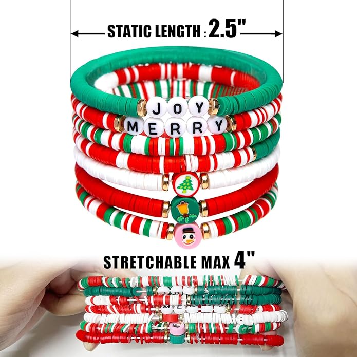 Artlunar 6 Pack Christmas Bracelets: Joy & Merry Candy-Style Stacks for Women & Teens - Perfect Christmas Gifts - Age 3 to Adult