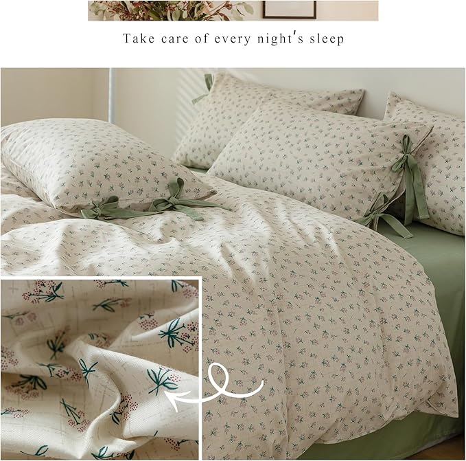 Vintage Style Duvet Cover Queen 100% Cotton Green Floral Print Duvet Cover Flower Botanical Bedding Sets Cottagecore Floral Comforter Cover 1 Queen Floral Duvet Cover with 2 Bowknot Pillowcases