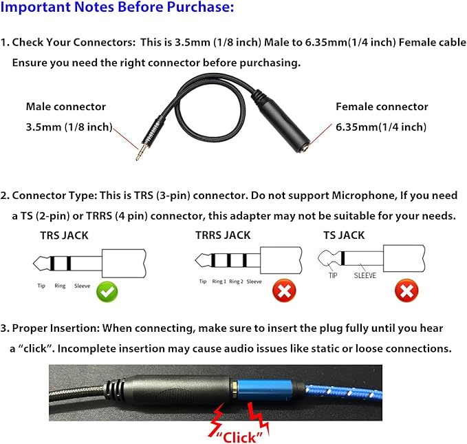 WISYIFIL 1/4 to 3.5mm Headphone Cable Adapter,TRS 6.35mm Female to 3.5mm Male 1/8 to 1/4 Stereo Audio Adapter,for Headphone, Amplifiers, Guitar, Amp etc. Nylon Braided Cable 1ft (30cm)