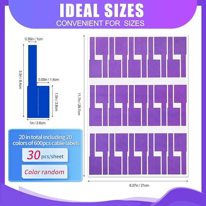 600 PCS Cable Labels - 12 Color Wire Tags for Laser Printing & Handwriting, Waterproof Tear-Resistant Cord Organizers, Strong Adhesive for IT, Office & Industrial Use