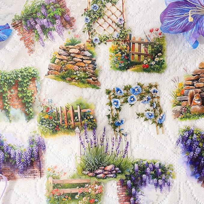 Dwpetzo Garden Flower Landscape Stickers for Journaling, 6 Themes Transparent PET Wildflower Brick Wall Fence Vines Stickers for Scrapbooking, Junk Journal Supplies, Collage, Planner, Mixed Media