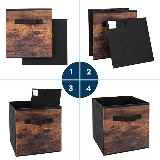 EWES 11 Inch Fabric Storage Cubes, 8 Pack Foldable Storage Bins with Handle, Storage Baskets Box for Shelves, Closet, Organizer, Rustic Brown and Black