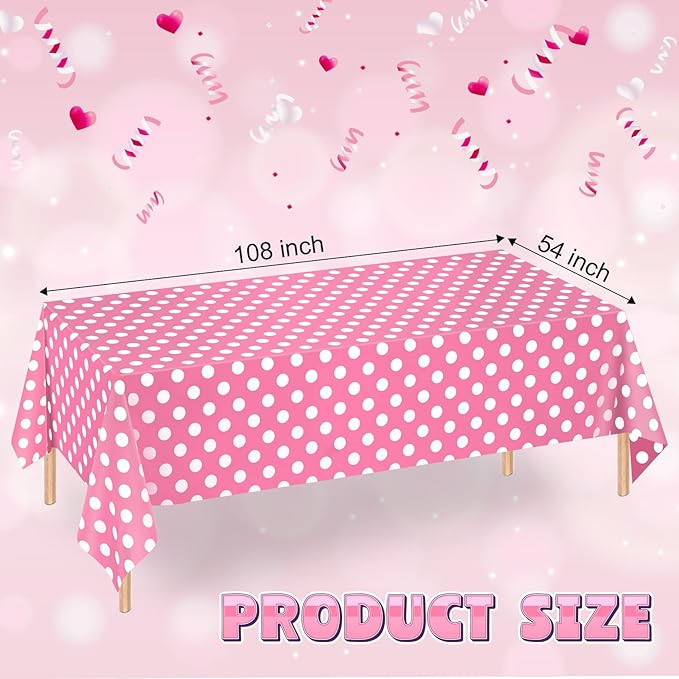 WNINK 2 Pack Pink and White Polka Dot Tablecloths – Pink Disposable Plastic Waterproof Table Cover, 54" x 108", for Birthday, Wedding, Bridal Shower, Bachelor, Pink Girl Party, and Picnic