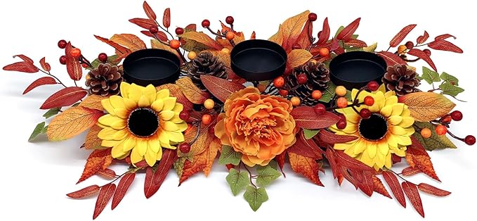 Thanksgiving Centerpiece Fall Table Decorations, Artificial Sunflowers, Peony, Berries, Pine Cones and Autumn Leaves Harvest Table Candelabrum for Fireplace Mantel (Candle Not Included)