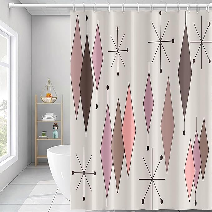 Mid Century Shower Curtain Vintage Abstract Pink Brown Diamond Geometric Atomic Starburst Pattern for 1950s Retro Bathroom Decor Accessories Shower Curtain Set with 12 Hooks, 69x70 Inches