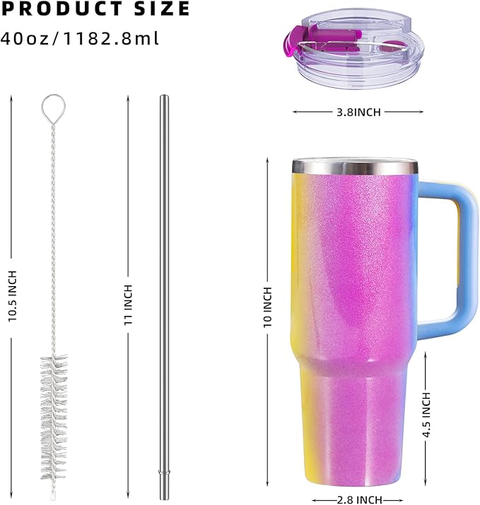 40 oz tumbler with handle and straw,Double Wall Vacuum Reusable Stainless Steel Insulated Water Bottle,With Leak Proof lid and Straw for Iced or Cold Beverages (Carnival)