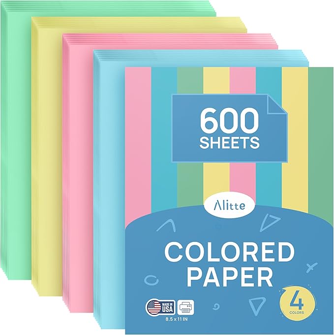 Alitte Colored Paper 8.5 x 11 - Copy Paper, 600-Pack Letter Size for Printer, Arts & Crafts, DIY Projects - Pink, Green, Blue, Yellow - School & Office Supplies - 150 Sheets Per Color