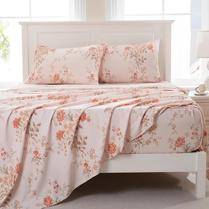 Zusbest Queen Sheet Set 100% Percale Cotton Orange Floral Bed Sheet Set, Brushed for Extra Softness, Luxury Flannel Sheets Like Shabby Vintage Flower Print Deep Pocket Sheets 17.5'' 4 Pcs