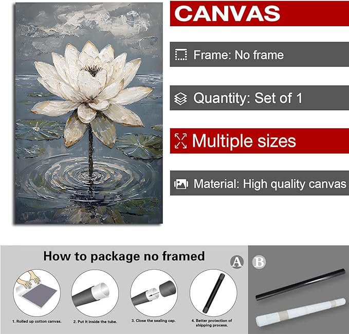 Stunning white lotus emerges from prismatic water with delicate petals background Serene aquatic wall art suitable for modern minimalist decor 28x40in Frameless