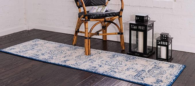 Unique Loom Bromley Collection Area Rug - Wells (2' x 8' 8" Runner, Ivory and Blue/ Ivory)