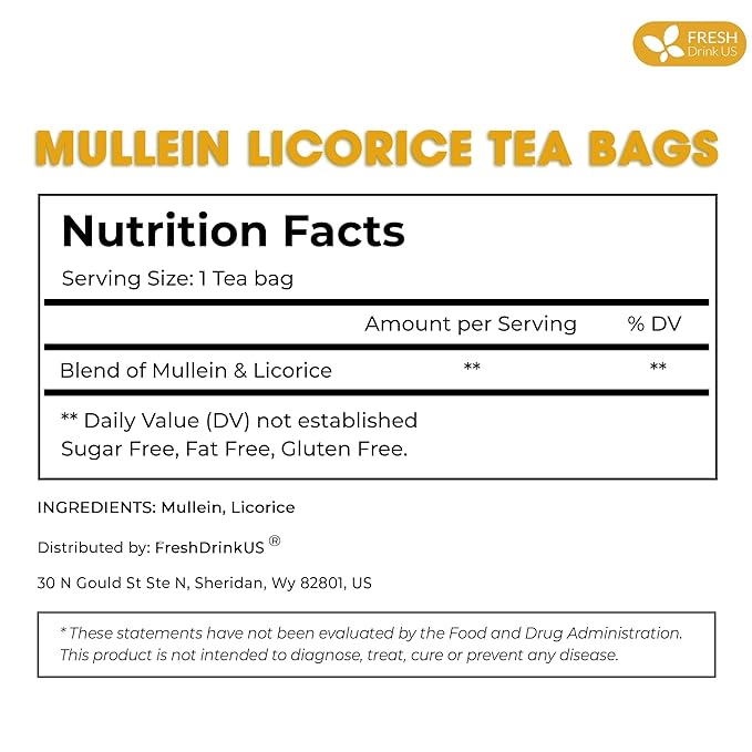 FreshDrinkUS, Premium 75 Mullein Licorice Tea Bags, 100% Natural, Blend of Mullein Leaves, and Licorice Root. Made with Natural Material Tea Bags. No Sugar, Vegan.
