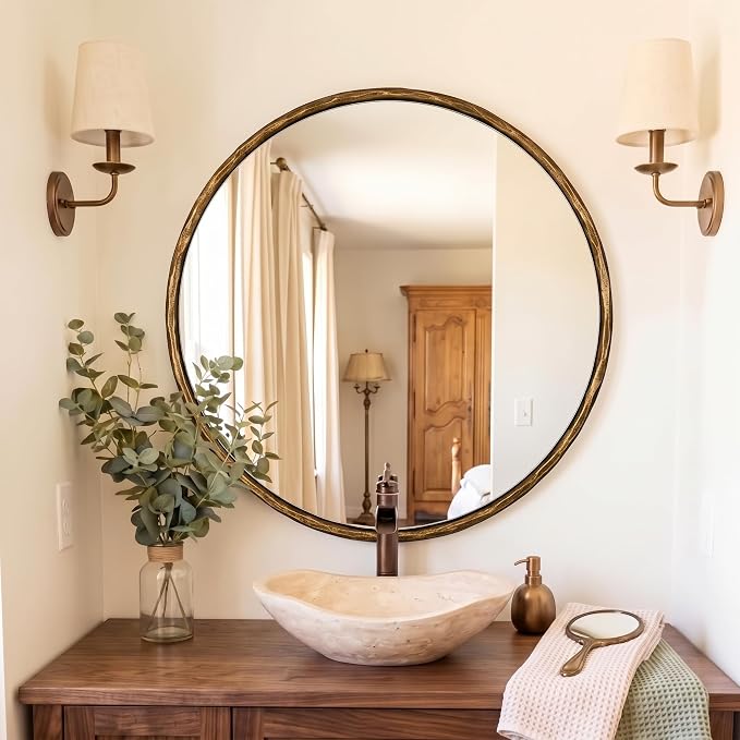 ANDY STAR 28 Inch Hand-Forged Gold Mirrors, Antique Brass Round Hammered Mirror for Bathroom Over Sink, Living Room, Entryway, Vintage, Farmhouse, Rustic, Solid Steel Frame