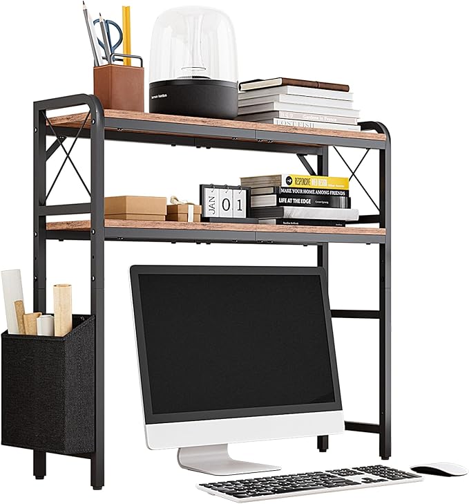 VERSASKY Desktop Shelves, Monitor Stand with Adjustable Shelves and Side Pockets, 2-Tier Desktop Bookshelf Organizer, Large Capacity Display Shelf Rack, Desk Hutch for Home Office, Rustic Brown
