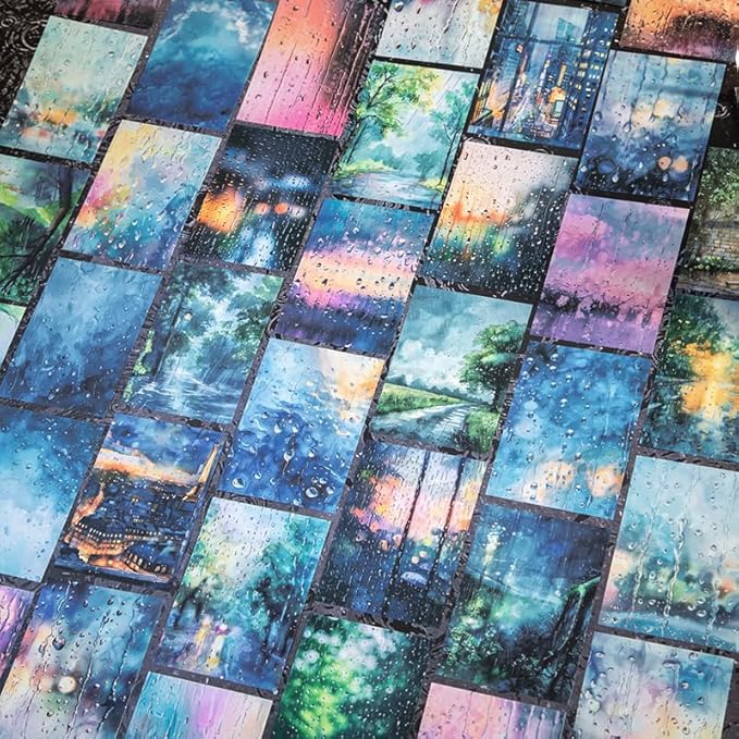 60 Sheets Large Size Rainy Day Scrapbook Stickers for Scrapbooking Supplies, 6 Assorted Rain Scenes Transparent PET Stickers for Journaling, Junk Journals, Collage, DIY Crafts Arts