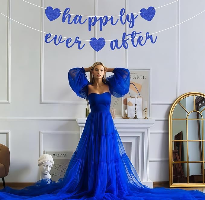 Pre-Strung Happily Ever After Banner - Royal Blue Glitter Bachelorette Bridal Engagement Party Decoration Supplies, Bachelorette Wedding Party Banner for Engagement, Bridal Shower, Wedding Party Photo Booth Props