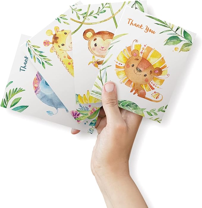 Twigs Baby Shower Thank You Cards with Envelopes - 12 Set Simple Baby Shower Cards, New Baby Congratulations Cards, Welcome Baby Card, Made in the USA - Jungle Animal Designs, 5.5 x 4.25 Inch Size