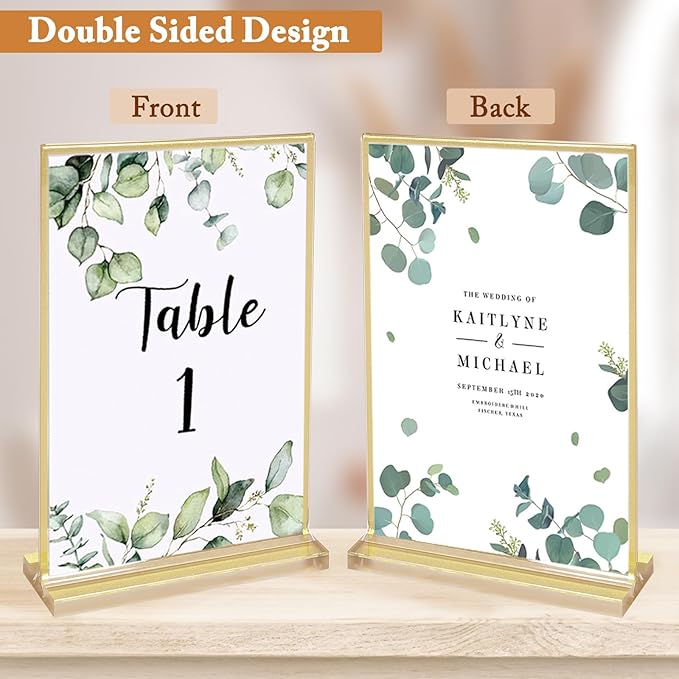 Floroom 6 Pack 4x6 Inch Clear Acrylic Sign Holders, Double-Sided Gold Display Stand Picture Frames for Table Numbers, Menus, Flyers, Weddings, and Offices