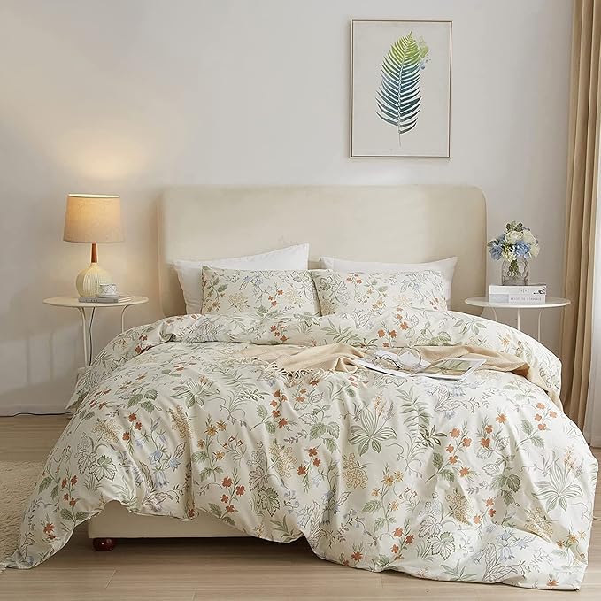 Chic Botanical Floral Duvet Cover King White Soft 100% Cotton Garden Floral Bedding Set King Vintage Style Cottagecore Comforter Cover with Zipper Closure 1 Flower Duvet Cover with 2 Pillowcases