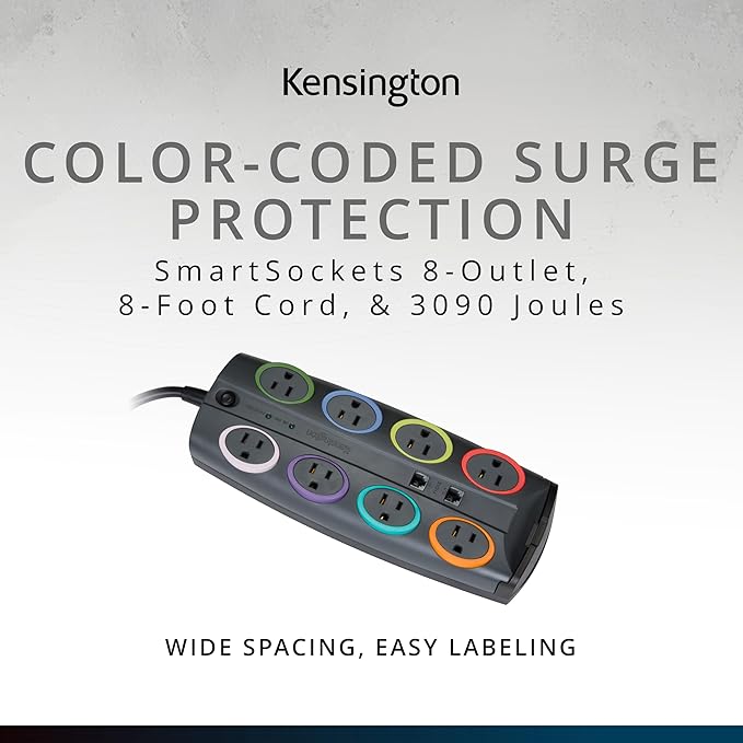 Kensington SmartSockets 8-Outlet, 8-Foot Cord, & 3090 Joules Premium Surge Protector (K62691NA) Gray