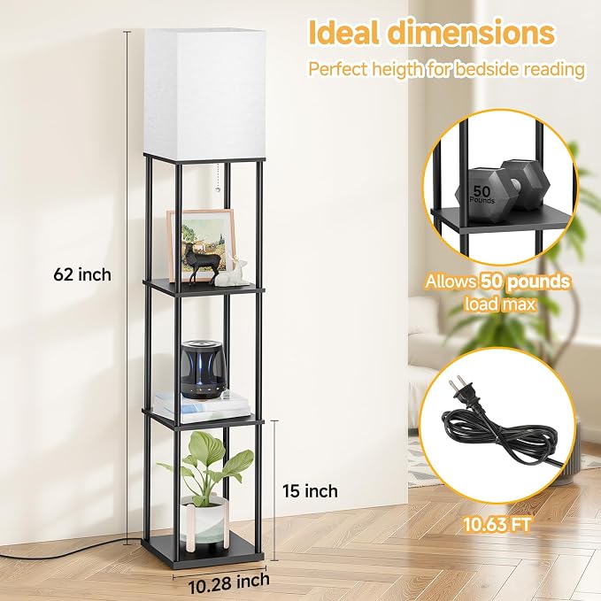 SHINE HAI Floor Lamps with Shelves for Living Room, 3-Tier Square Modern Standing Lamp with 3CCT Bulb, 11W 950LM Brightness, Tall Shelf Lamp for Bedroom, Office, Bookshelf & Display Organizer