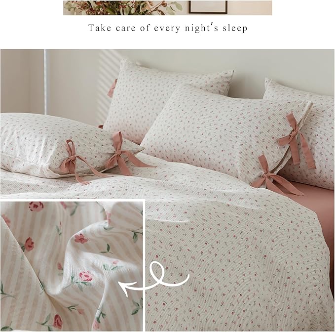 LifeTB King Size Comforter Set Garden Style Pink White Floral Comforter Set Cozy Aesthetic Bedding Cottagecore Comforter Vintage Botanical Flower Comforter with 2 Bow Ties Pillowcases Fluffy Bed Set