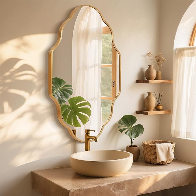 Scalloped Mirror for Bathroom - 20"x36" Gold Bathroom Mirror with Aviation Aluminum Alloy Frame & Shatter-Proof Glass for Living Room Bedroom Entryway, Brushed Gold Frame(x1)