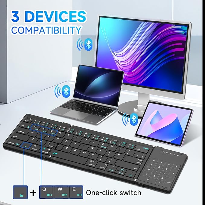 Hllhunkhe Foldable Bluetooth Keyboard with Touchpad, Portable Full Size Keys, Number Pad, Large Trackpad Travel Keyboards for iPad Laptop PC Tablets -Black