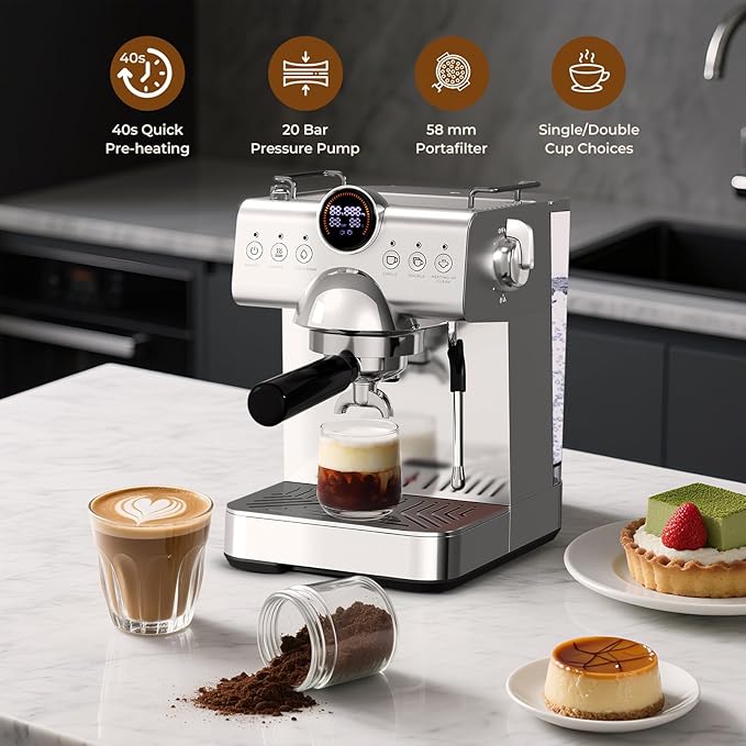 20 Bar Espresso Machine,Hot & Cold Brew Espresso Coffee Maker with Milk Frother,50oz Water Tank,LCD Display,Single & Double,Cappuccino & Latte Machine for Home