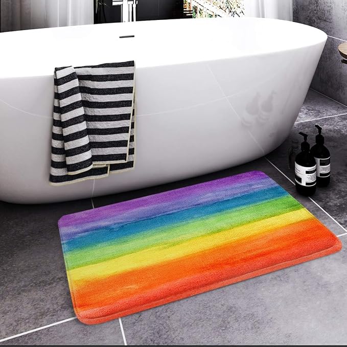 Britimes Bath Mat for Bathroom Colorful Stripe Rainbow Washable Floor Rug Carpets Floor Mat Bathroom Decorations 20x32 inches for Kitchen Bedroom Indoor