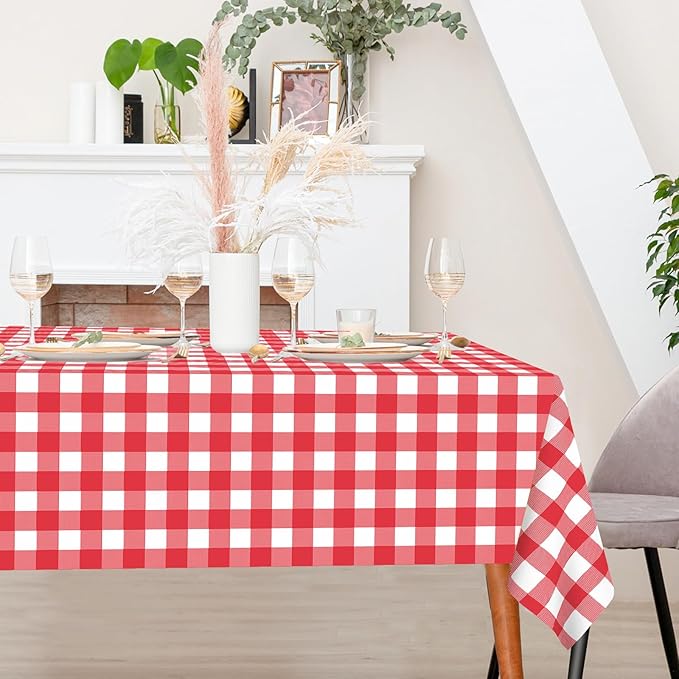 WNINK 3 Pack Red Gingham Tablecloth Rectangular Red and White Checkered Tablecloths Disposable Plastic Red Plaid Table Cover for Parties, Christmas, Outdoor Picnic, Birthday, Wedding, Camping 54 × 108