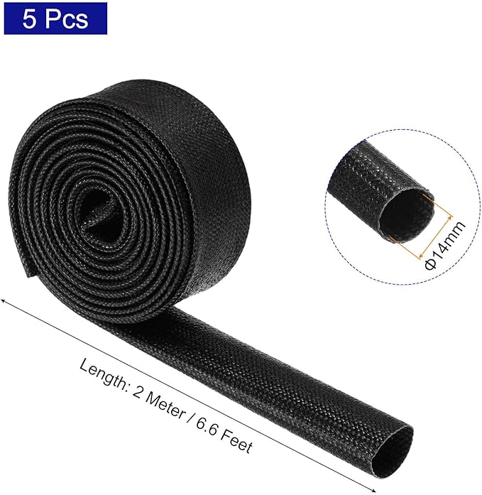 MECCANIXITY 5Pcs Wire Insulation Braid Fire Sleeve,6.6Ft-14mm ID Black, High Temp Silicone Coated Fiberglass Sleeving for Automotive Hose Lines Electrical Wiring