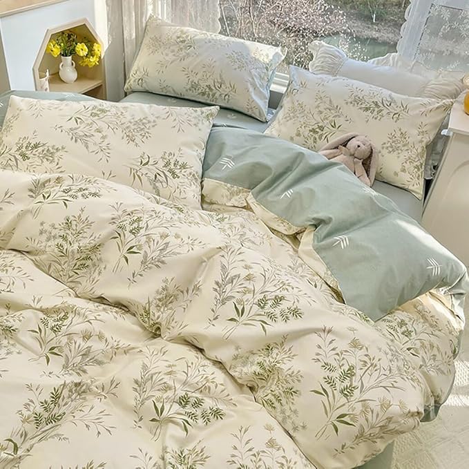 Vintage Floral Duvet Cover Queen Soft 100% Cotton Floral Cottagecore Bedding Set for Girls Women 3 Pieces Flower Plants Botanical Comforter Cover with Zipper Closure Reversible Famhouse Bedding Set