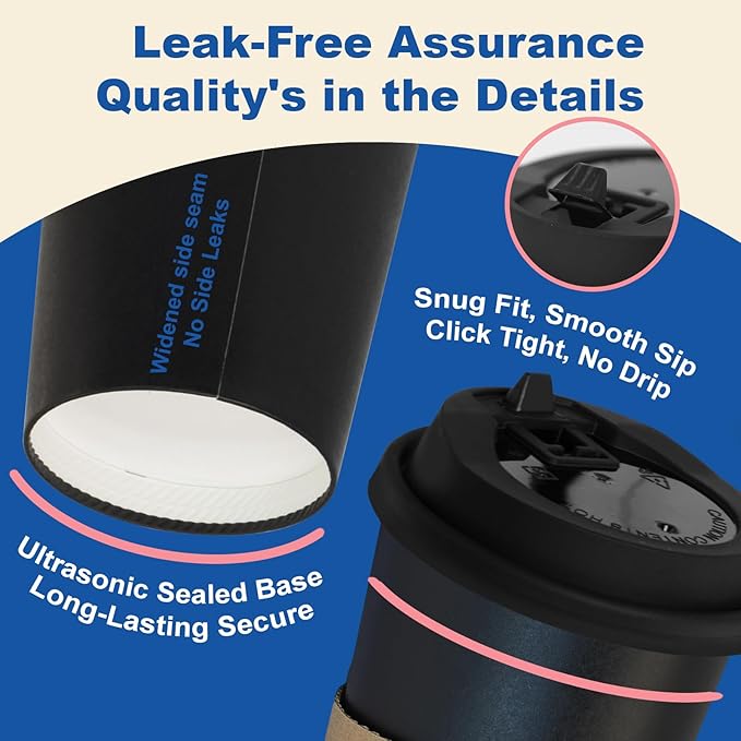 Coolcap 16 oz 500 Pack Coffee Cups with Lids and Sleeves, Straws, Hot Disposable To Go Travel Paper Cups Bulk for Office, Home Coffee Bar Accessories, Chocolate, Cocoa, Beverage (Black)