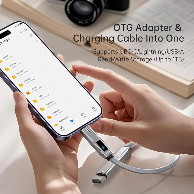PZOZ Portable Keychain 5-in-1 OTG Cable with USB C Fast Charging LED Display and Micro SD/TF Card Reader, Multi USBC Charger Combo Lightning/Type C/USB A for iPhone iPad MacBook Samsung-140W 7.3 inch