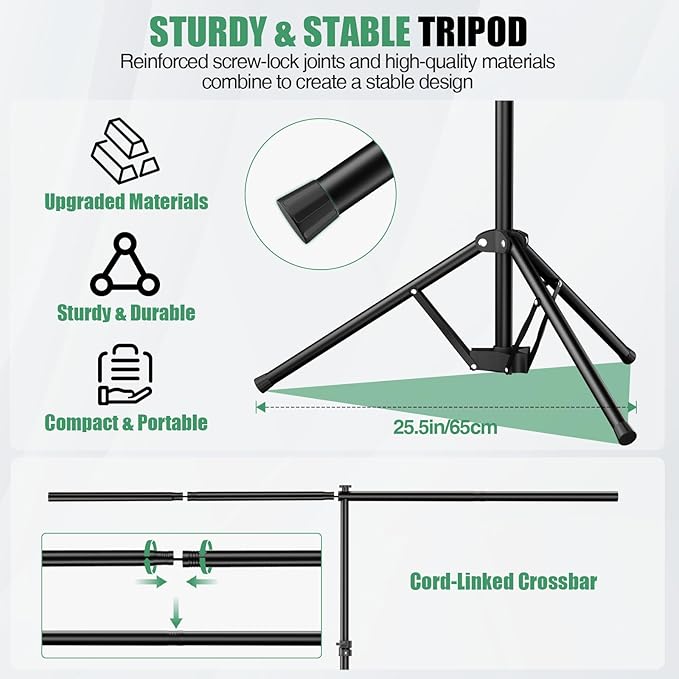 Green Screen Backdrop Kit, 5×7ft Portable Greenscreen Background with Adjustable T-Shaped Stand, 5 Clamps, Carrying Bag for Parties, Streaming, Photography, Zoom, Gaming, Video Studio