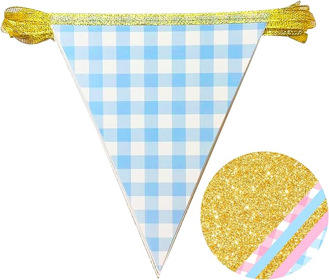 Pink and Blue Buffalo Plaid Gold Party Decorations Pennant Banner Flag Hanging Glitter Paper Triangle Bunting for Boy or Girl Gender Reveal Baby Shower Birthday Wedding Bridal Shower Party Supplies