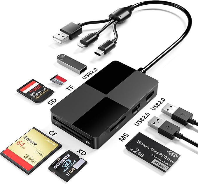 Memory Stick Pro Duo Adapter Reader - 8 in 1 XD/MS/TF/CF/SD Card Reader for iPhone/PC/Android/Lightning Device, Multi Memory Card Reader with 3 USB 2.0 Ports, USB C OTG Adapter XD Picture Card