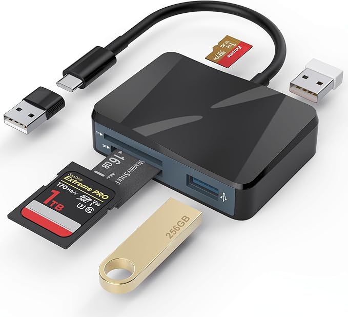 SD Card Reader, 5 in 1 USB-C & USB Card Adapter with SD/MicroSD/MS and Dual USB-A Ports Memory Card Reader for iPhone 17/16/15 Pro Max iPad MacBook Pro/Air M4/M3 Android Phone/Tablet PC (Black)
