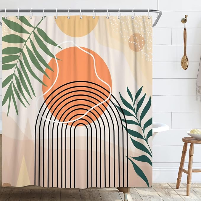Mid Century Shower Curtain, Stall Abstract Boho Minimalistic Arch Sun Leaf Machine Washable Waterproof Fabric for Bathroom Bathtub Decor with Hooks 60Wx72H