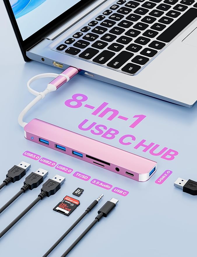 USB C/USB Hub Multiport Adapter,USB 3.0 Hub Aluminum 8 in 1 USB Splitter with SD/TF Card Reader,1 x USB 3.0, 3 x USB 2.0, 1 x USB C,and 3.5mm Audio Output for MacBook Pro Air,iPad Pro,Laptop-Pink
