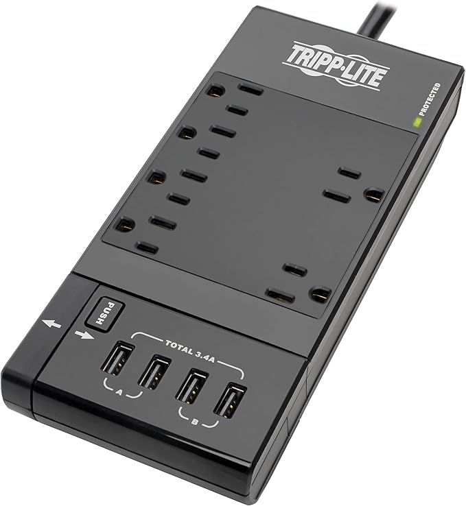 Tripp Lite Safe-IT Surge Protector & Charging Station, 6-Outlets, 4-USB Ports, 8ft / 2.4M Cord, $50,000 Insurance, Limited Life Manufacturer's Warranty (TLP68UBAM)