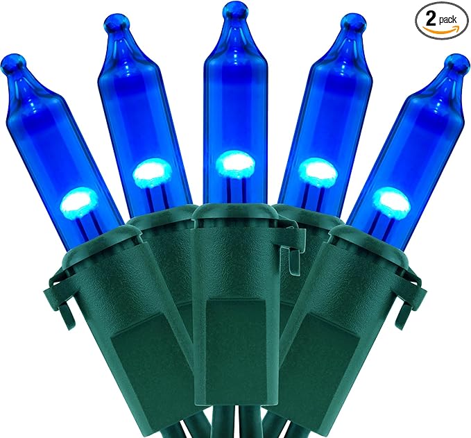 YULETIME 200 Blue Christmas Lights, Pack of 2 Sets 33 ft 100 Count Incandescent-Like LED String Lights (Blue)