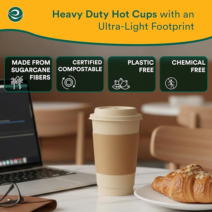 ECO SOUL 50 Pack 12 oz Disposable Coffee Cups with Lids & Sleeves Eco-Friendly, Biodegradable, Compostable, Leak-free & Sturdy To Go Hot Drink Cup for Tea, Chocolate Party Travel Cafe Office & Home