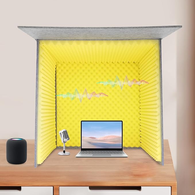 Desktop Soundproof Cover, Portable Vocal Recording Booth Isolation Booth Small Music Recording Studio Vocal Sound Absorbing Shield Sound Proof Foam Panels for Offices,Home,Recording Studios (Yellow)