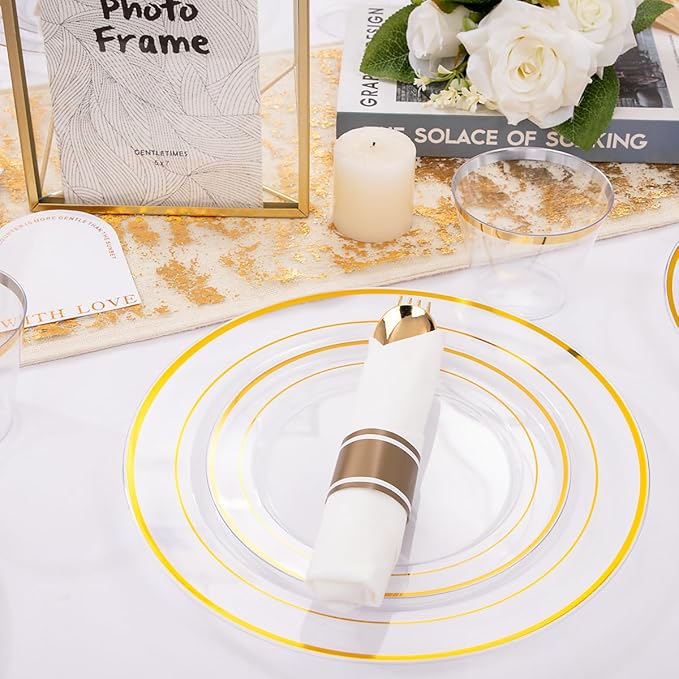 DaYammi 350PCS Clear Gold Plastic Dinnerware Set for 50 Guests, Christmas Plates Disposable, Include: 50 Dinner Plates, 50 Dessert Plates, 50 Pre Rolled Napkins with Gold Silverware, 50 Cups